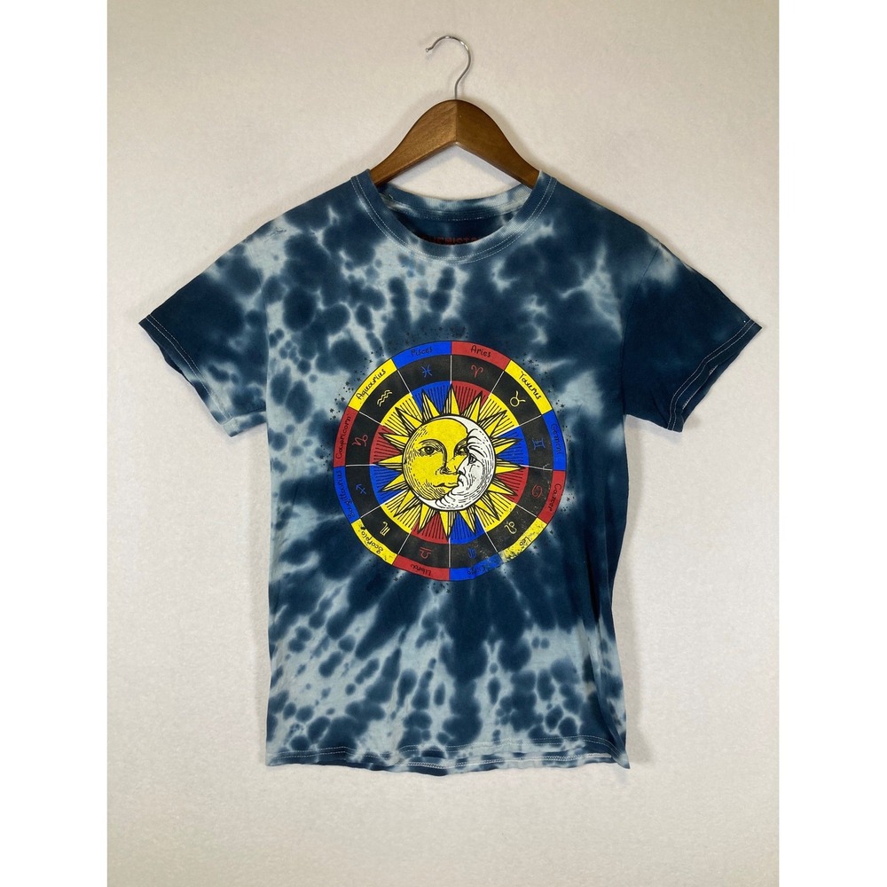 Celestial Zodiac Chemistry Small Blue Tie Dye Sun Moon Graphic Tee Shirt S